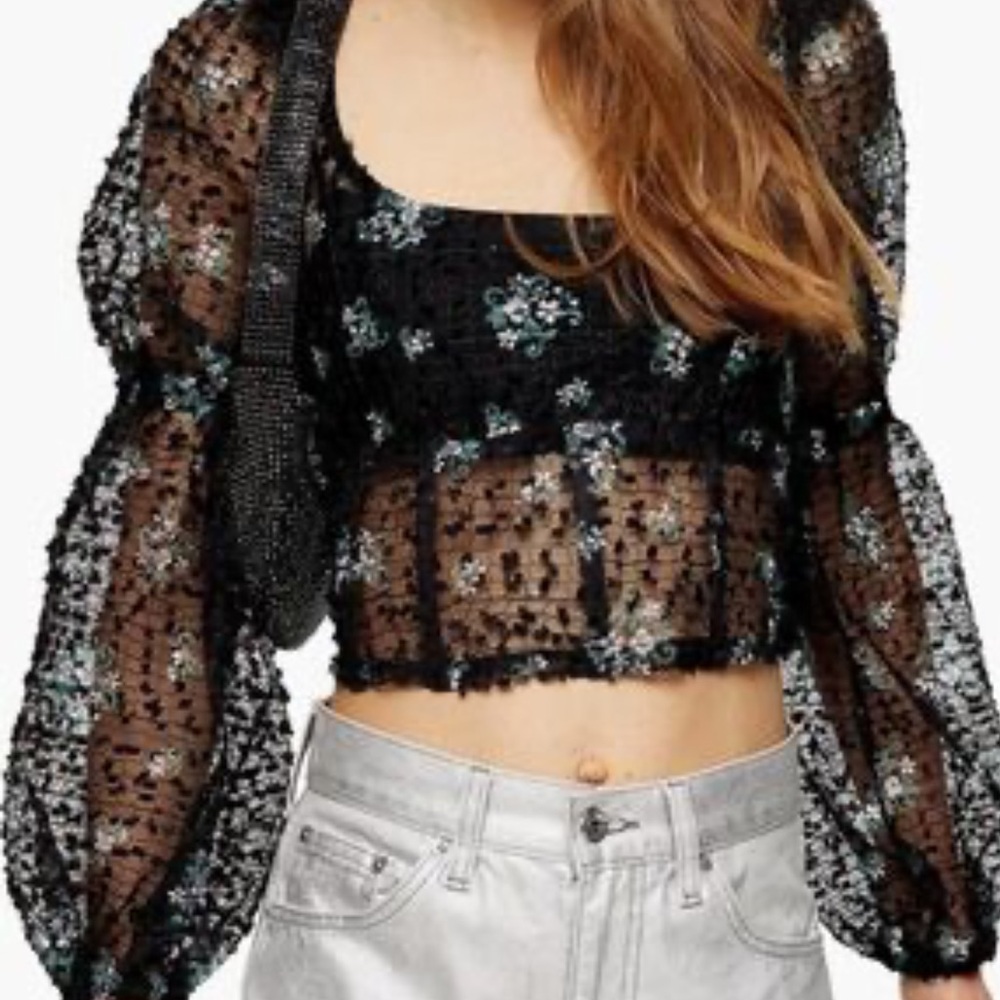 Fall fairy mesh floral long sleeve black crop top sz 8